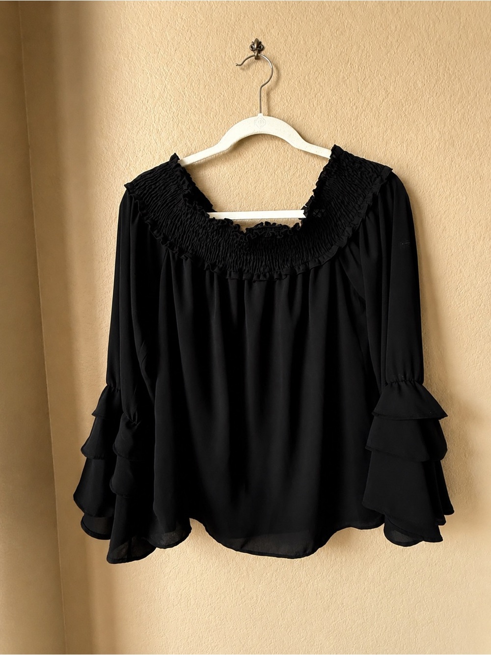 Black Off the Shoulder Ruffle Sleeve Women's Top